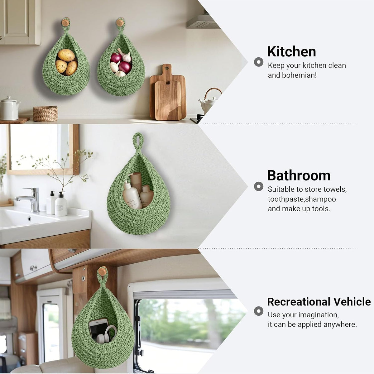 Hanging Fruit Baskets for Kitchen, 3 Pack Boho Cotton Rope Handwoven Vegetable Storage Wall Mounted Large Organizing Basket for Farmhouse Decor, Onion, Potato, Garlic and Plants (Green)
