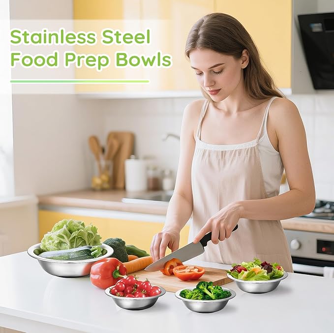 304(18/8) Stainless Steel Mixing Bowls for Kitchen, 4 Pack 8.7" 34.88 fl.oz Metal Mixing Bowls Set Stackable for Baking Serving Cooking Food Prep Storage Dishwasher Safe Lightweight