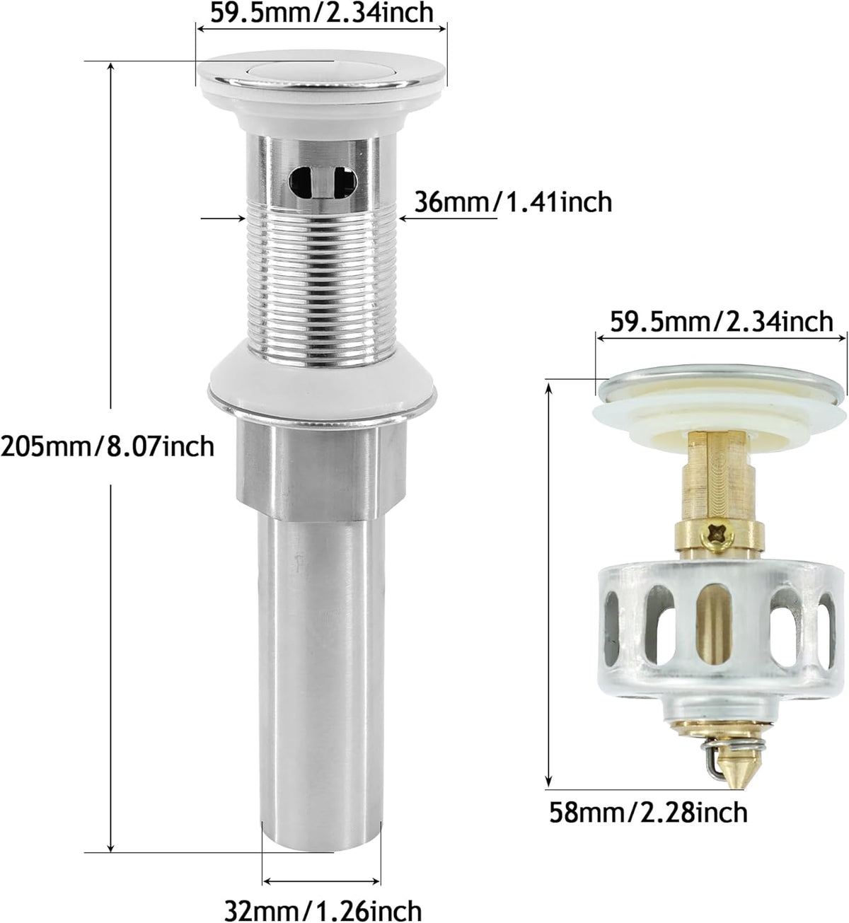 Bathroom Sink Drain,Drain Stopper Bathroom Sink with Overflow,Small Cap Pop Up Drain Assembly with Detachable Strainer Basket,Built-in Anti-Clogging, Stainless Steel Nut Brushed Nickel