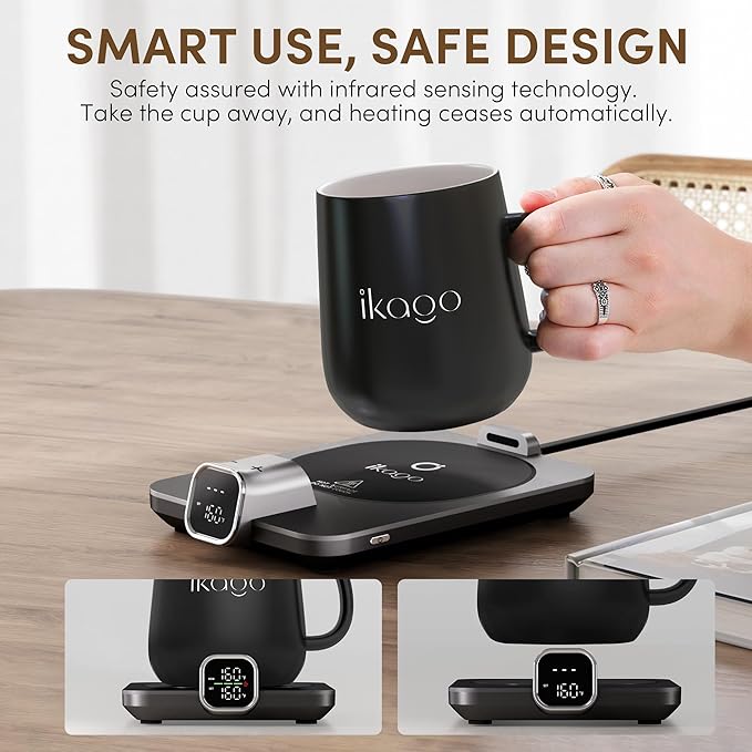 Coffee Mug Warmer & iKago Mug Set, Accurate Temperature Control Smart Heated Mug for Desk, Electric Coffee Warmer with Auto Shut Off & Real-Time Temp Display, Gifts for Men Women, 15oz Ceramic Mug