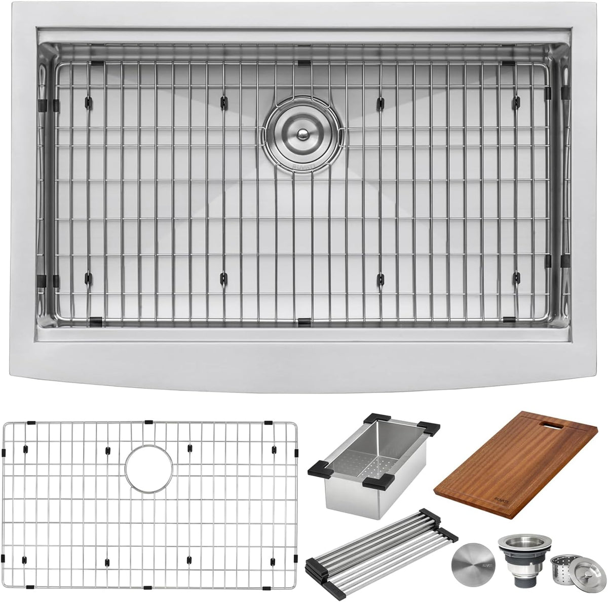 Ruvati 33-inch Apron-front Workstation Farmhouse Kitchen Sink - 16 Gauge Stainless Steel Kitchen Sink Single Bowl with Brushed Finish hides scratches - Farmhouse Workstation Sinks - RVH9200