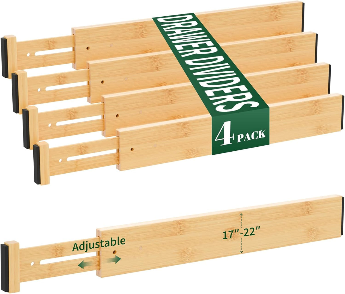 4 Pack Bamboo Drawer Dividers 2.6" High,17-22" Adjustable Spring Loaded Drawer Organizers for Kitchen, Dresser, Bathroom, Bedroom and Office