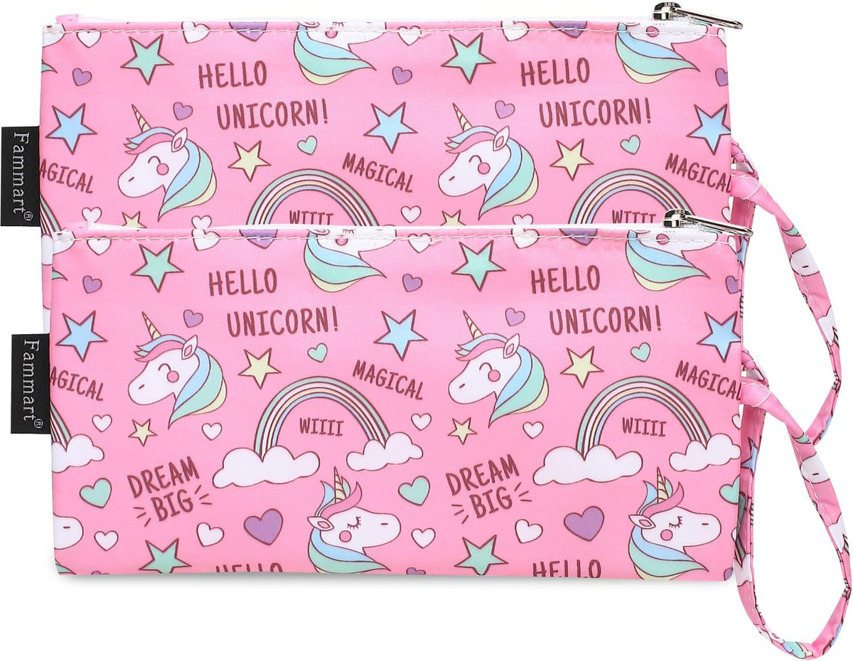 Reusable Sandwich Bag/Snack Bag for Kids & Adults, Dual Layer Lunch Bag with Handle, Washable, Food Safe, BPA Free (2-Pack, Rainbow Unicorn)