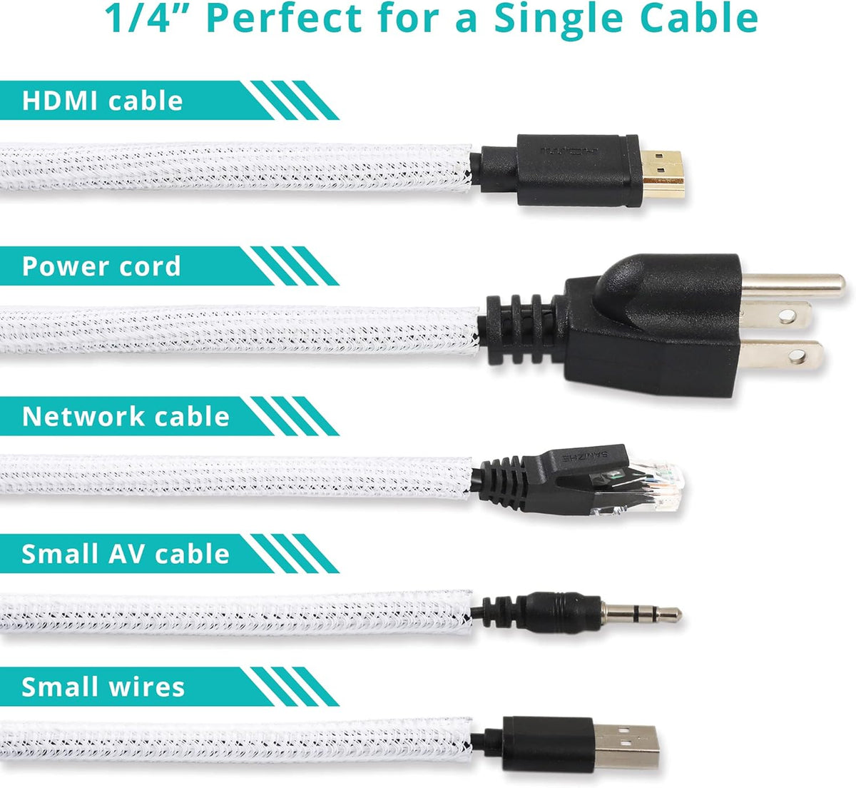 20ft - 1/4 inch White Cable Sleeve, Cable Organizer for Desk PC TV Computer, Wire Protector Cable Wrap Cover, Cord Management for Home Office