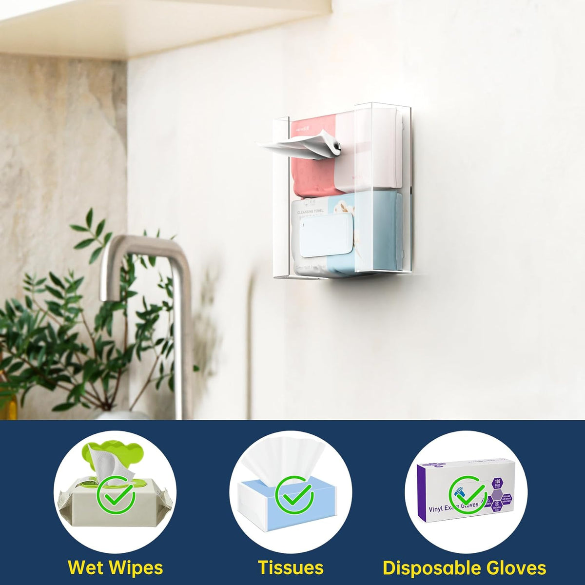 NiHome Multi-Tier Clear Acrylic Wall Mount Glove Box Holder Tissue Box Dispenser for Kitchen, Bathroom, Garage, Lab, Salon, Space-Saving Adjustable Organizer for Gloves, Tissues, Baby Wipes (2-Tier)