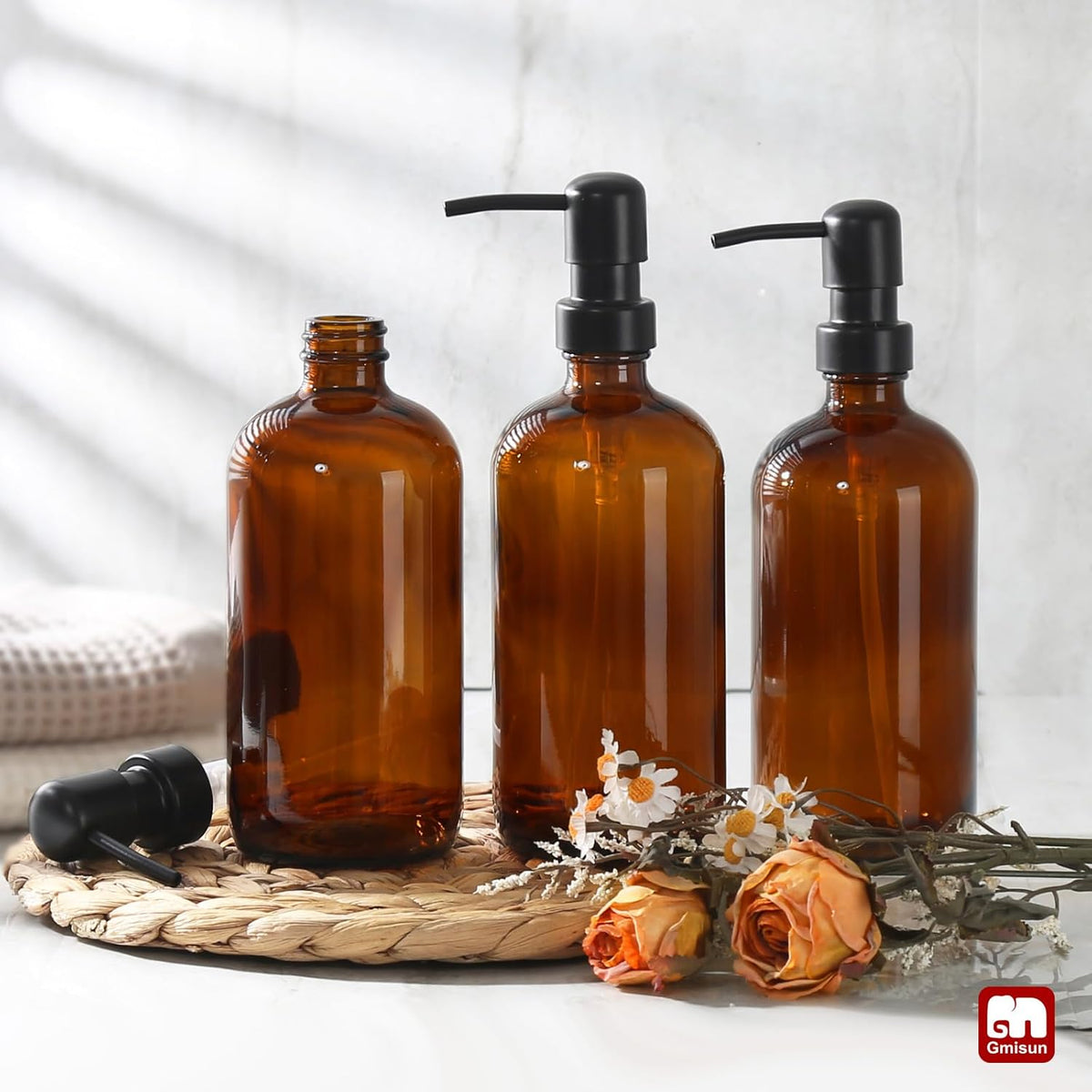 GMISUN Shampoo and Conditioner Dispenser, 3 Pack Amber Glass Bathroom Shampoo Conditioner Body Wash Dispenser with Pump for Shower, 17 Fl Oz Hand Soap Dish Soap and Lotion Dispenser Set for Kitchen