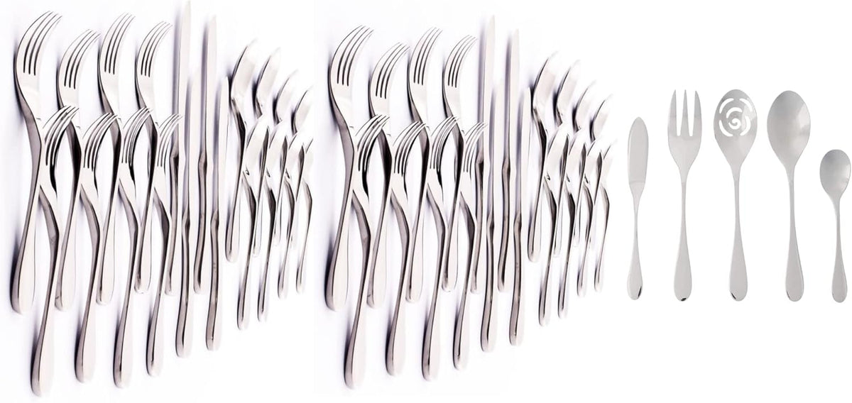 Knork Durable and Stylish Everyday Use, Service for 8 Stainless Steel Flatware Set, 45 piece, Silver Gloss