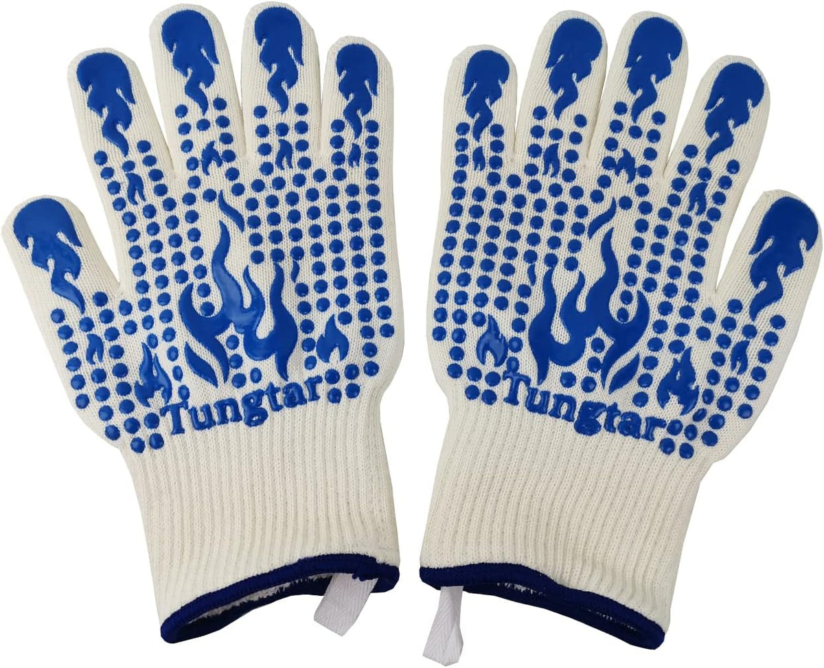 Oven Mitts Heat Resistant BBQ Proof Glove 11Inch 1472℉ Grill Glove Proof Heat for Women Men BBQ Gloves Gift Set Cooking Gloves for Cooking, Grilling, Baking, Welding (White Blue)