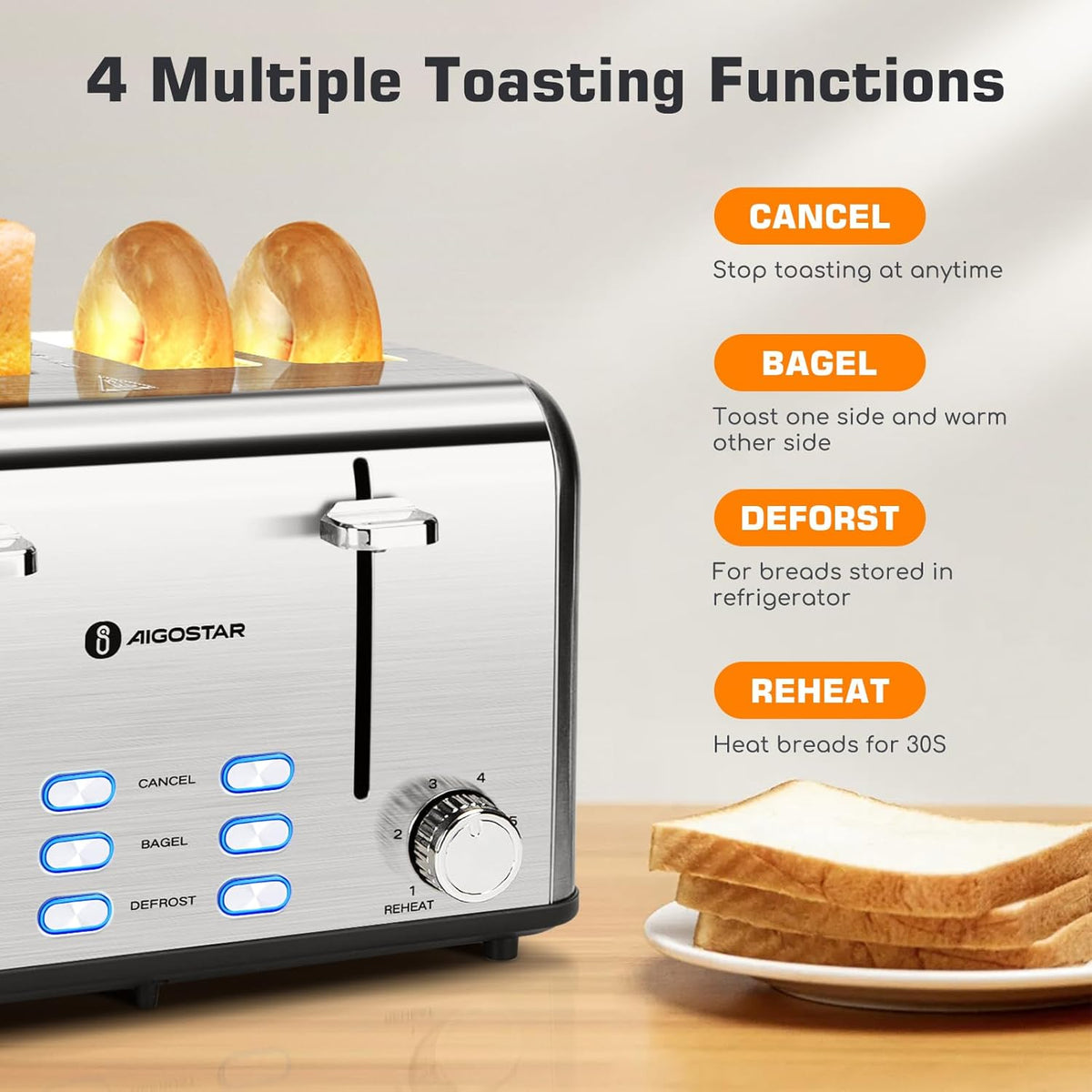 Aigostar Toaster 4 Slice 1.6" Wide Slot Stainless Steel Toasters with Bagel, Reheat, Cancel, Defrost Function, 6 Shade Settings, Removable Crumb Tray, 1550W, Best Rated Prime 4 Slice Toasters