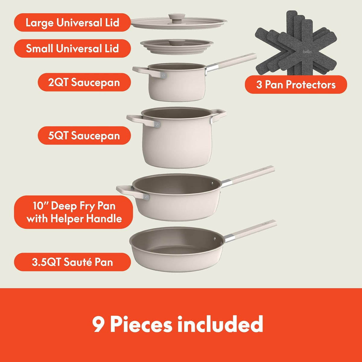 bella 9 Piece Ceramic Nonstick Cookware Set, Fits-anywhere™ Kitchenware w EverGood™ Coating, Dishwasher & Oven Safe, All Stovetops Compatible, Stackable Design, Cool Touch Handles, Oatmilk