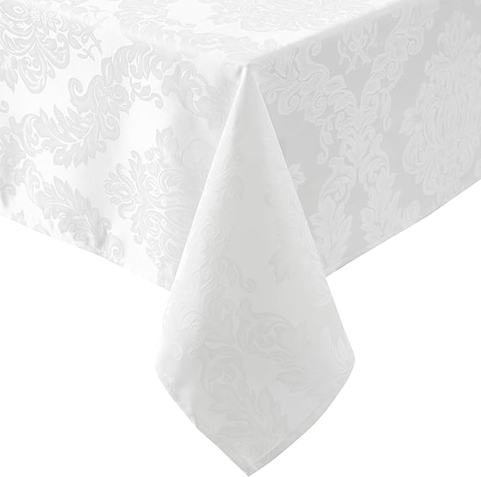 Newbridge Barcelona Luxury Damask Fabric Tablecloth, 60” Wide x 120” Oval, White, 100% Polyester, No Iron, Soil Resistant Dining Room, Party and Banquet Table Cover
