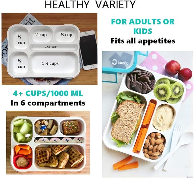 kinsho Bento-Box Lunch-Box Containers for Kids Girls Toddler Women, 6 Compartment Portion Container Kit, Meal Or Snack Boxes for School Daycare Travel, Bpa-Free Pink
