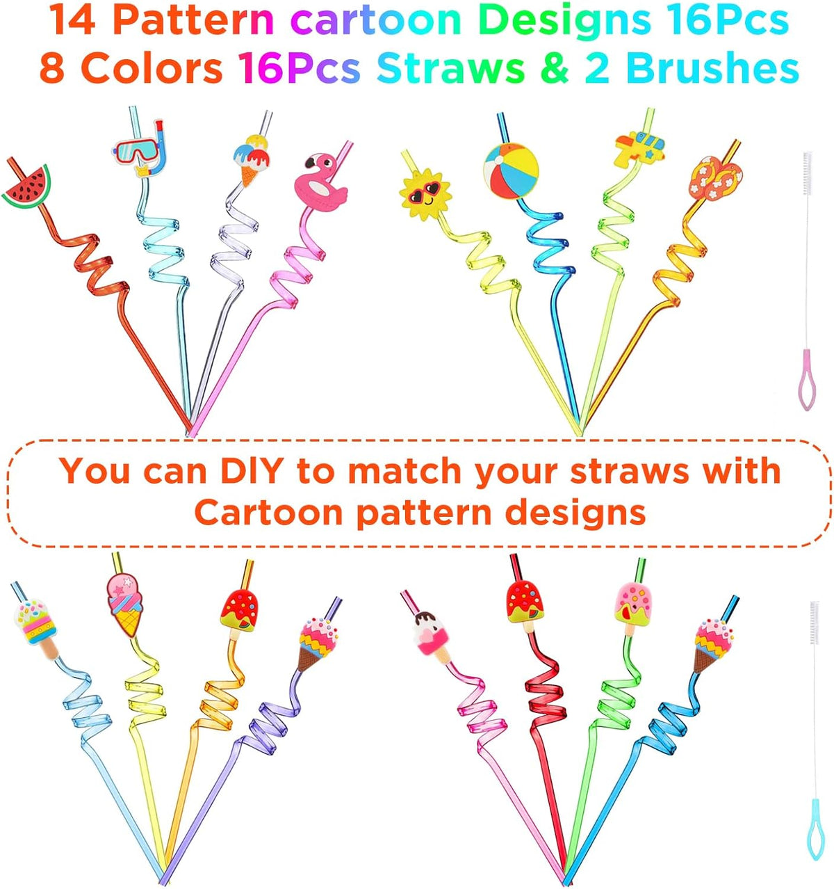 QKP 16PCS Reusable Ice Cream Beach Straws, Swirly Drinking Straws for Party Supplies, Birthday Party Favors with 2 PCS Cleaning Brushes(Blue + Pink)
