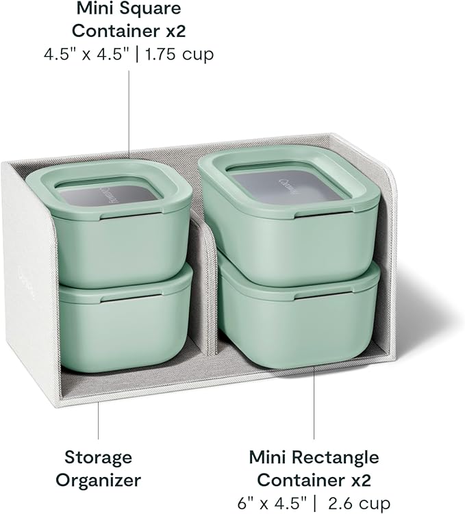 Caraway Mini Food Storage 9pc Set - Glass Storage Containers for Food - Non-Toxic Ceramic-Coated Glass - Air Release Technology - Compact & Stackable Design - Mist