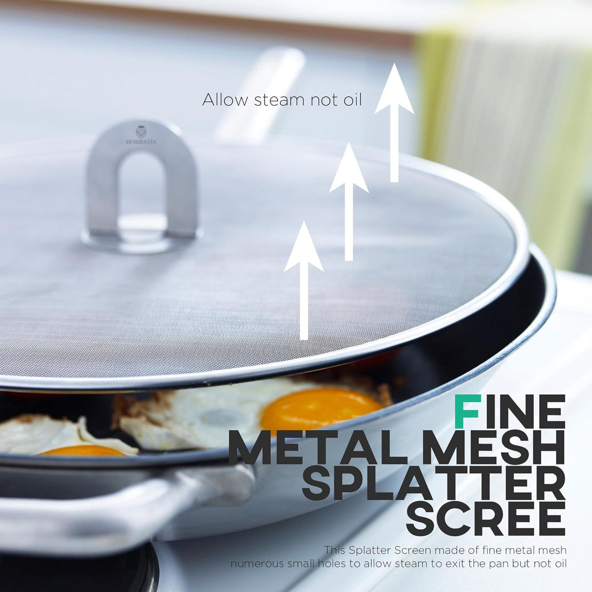 Homestia Splatter Screen for Kitchen, 304 Stainless Steel Fine Mesh Splatter Screen for Frying Pan, 13” Grease Splatter Guard with Fold Flat Knob