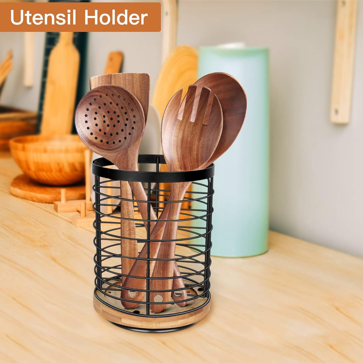 Utensil Holder for Kitchen Counter - 7.2" Large Rotating Utensil Crock, Wooden + Metal Base, Countertop Cooking Tool Spatula Organizer