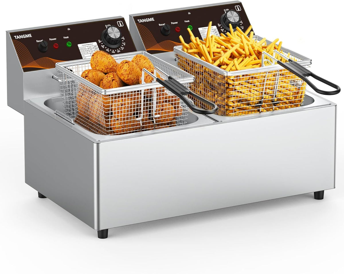 Commercial Deep Fryer with Baskets 20.7Qt Dual Tank Upgraded Electric Countertop Fryer Heavy Duty 1mm Thickened Stainless Steel Deep Fryers, 120V, 3600W, UL Certified