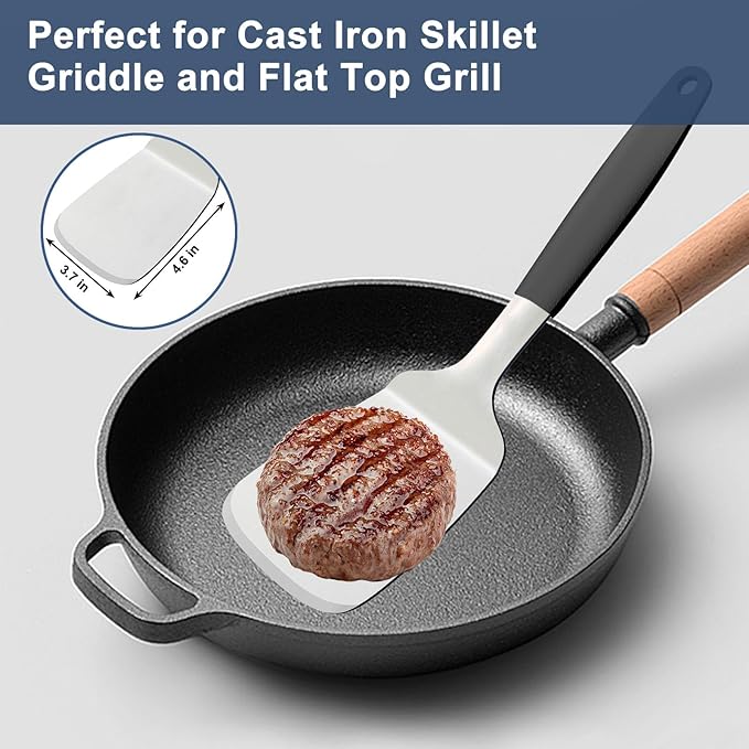 Stainless Steel Spatulas Set, 13.3 inch Metal Spatula, Full Tang Solid and Slotted Turner for Cooking Cast Iron Skillet, Heat Resistant Silicone Handle (Solid 4.6"x3.7")