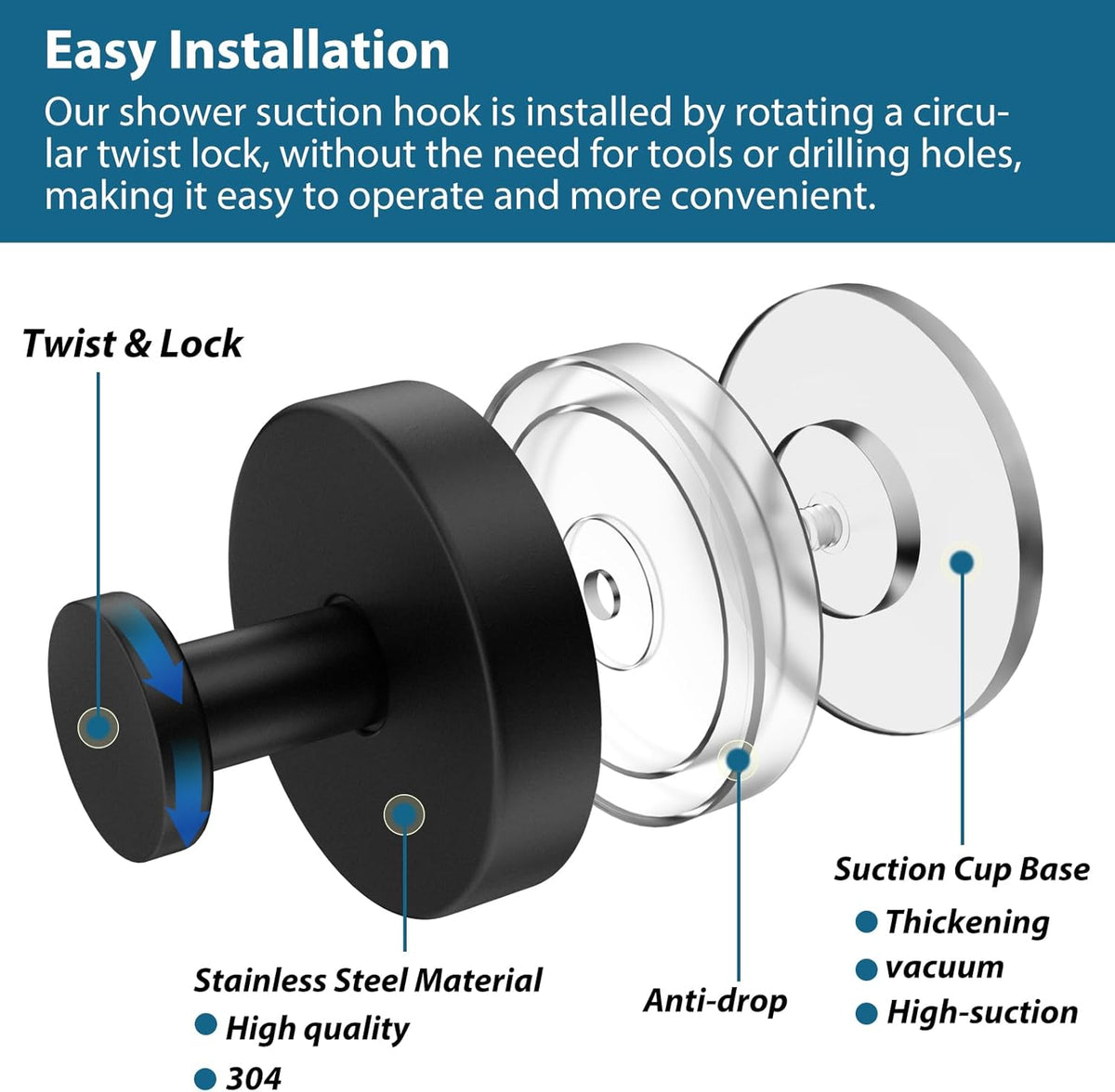 Suction Cup Hooks for Shower, 2 PCS No-Drill Towel Holder for Bathrooms Wall, Glass Door, Mirror, Tiles, Kitchen, Hold Robe & Wreath, Hanging up to 15 lbs – Waterproof & Rustproof, Matte-Black