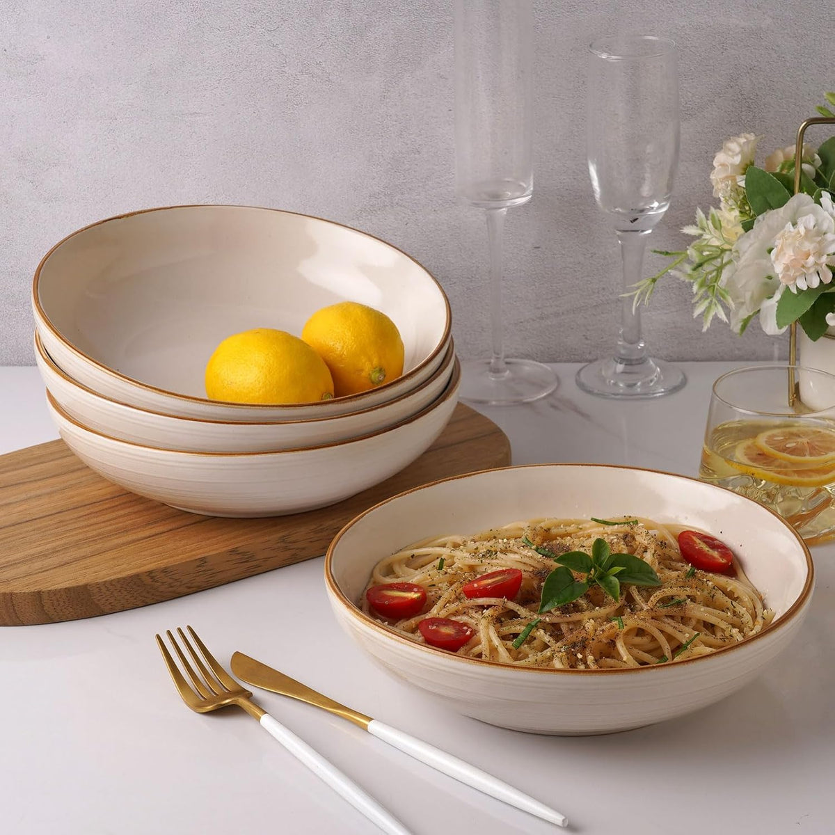 famiware Tempus 8.6'' Pasta Bowls Set of 4, 40 oz Bowls for Kitchen, Stoneware Deep Serving Bowls, Dishwasher & Microwave Safe Bowls for Cereal, Salad, Soup, Dessert etc - Antique White
