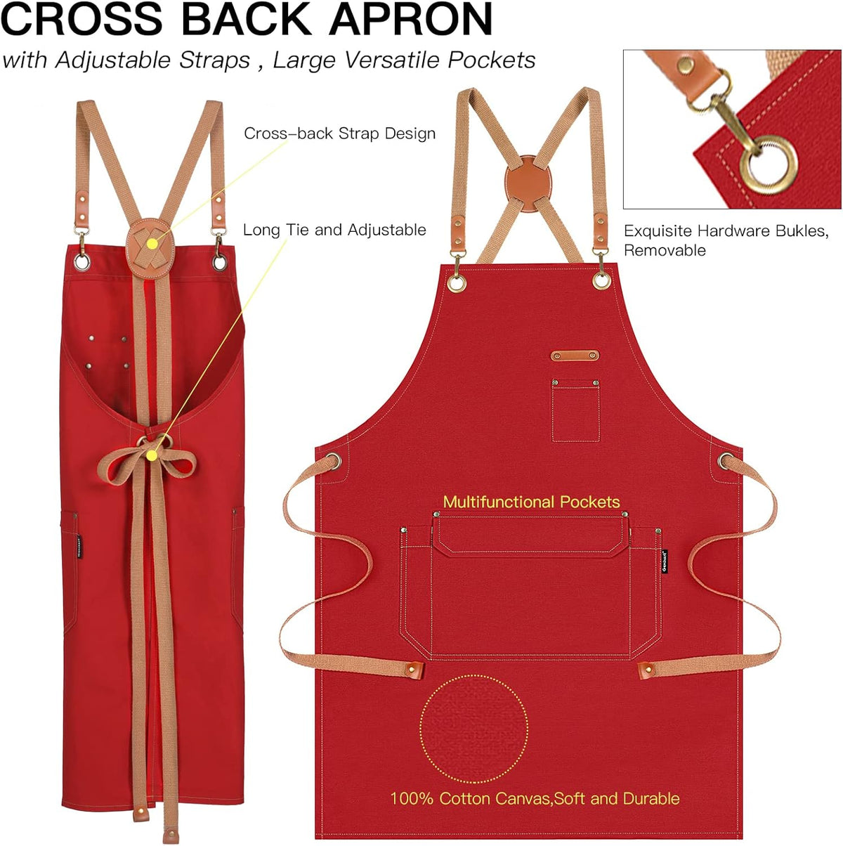 Genixart Chef Apron for Men Women with Gift Box Pack, Cross Back Apron with Pockets for Kitchen Cooking Baking Artist Painting, Cotton Canvas Work Aprons for Shop, Garden, Restaurant, Cafe (Red)