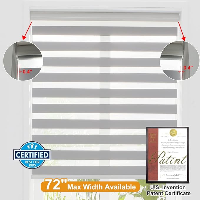 Persilux Cordless Zebra Blinds for Windows Free-Stop Window Shades (34" W X 47" H, Grey) Dual Layer Light Control for Day and Night, Light Filtering Sheer Shades for Home, Easy to Install