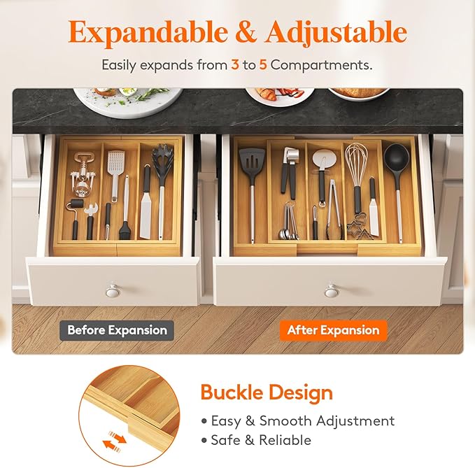 Lifewit Silverware Drawer Organizer Tray, Bamboo Cutlery Silverware Flatware Holder,Flatware and Utensil Holder Divider for Spoons Forks Knives Tableware