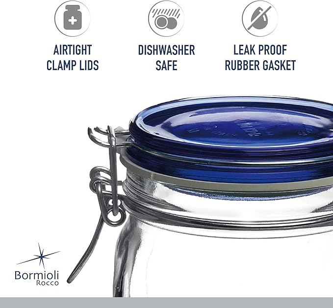 Bormioli Rocco Fido Collection, 6 Pack, 17 Oz. Food Storage Glass Jars, Airtight Rubber Seal & Glass Lid, With Stainless Wire Clamp, Made In Italy.
