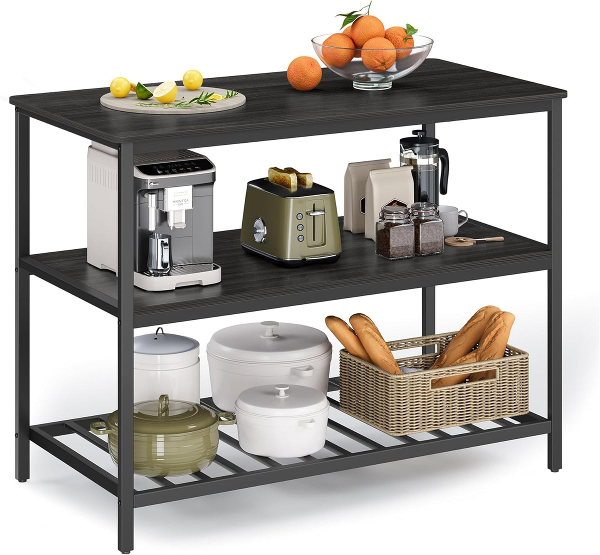 VASAGLE Kitchen Island with 3 Shelves, 47.2 Inches Width Kitchen Shelf with Large Worktop, Stable Steel Structure, Industrial, Easy to Assemble, Ebonised Oak and Black UKKI001B42