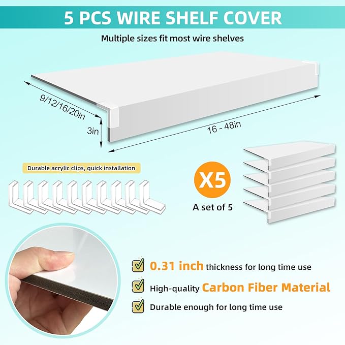 5 Pcs Wire Shelf Cover, 38X16X3 Inch Carbon Fiber Material Shelf Covers for Pantry Shelves(Not Wood), Waterproof Removable Closet Shelving Liner for Home Kitchen,Office Organization - White