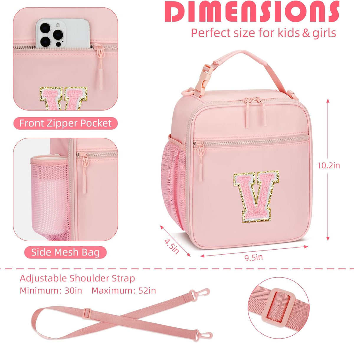 Initial Insulated Lunch Bag for Girls Kids, Back to School Gift, Reusable Leak-proof Lunch Box with Adjustable Strap for School Daycare Travel Picnic (Pink,V)