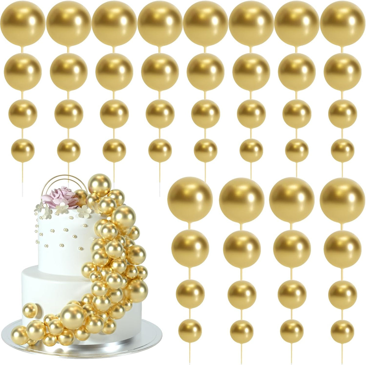 48 Pcs Gold Balls Cake Topper Decorations Balloon Cupcake Toppers Foam Cake Topper Balls Cake Balls Decorations for Birthday Party Wedding Anniversary Cake Decorating