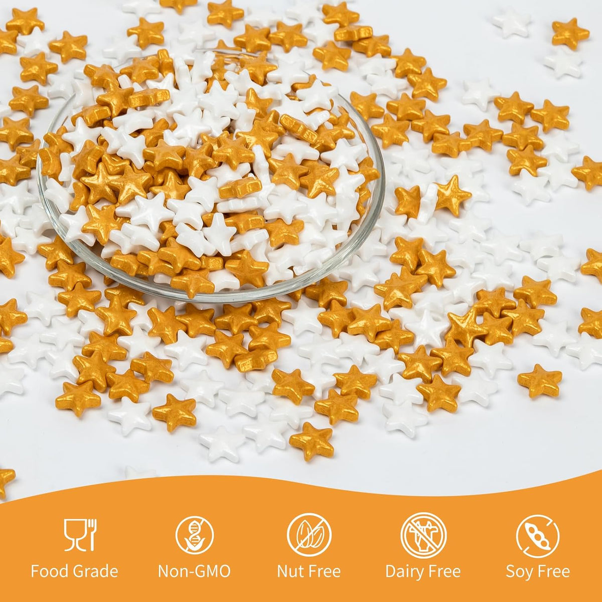 Edible Star Sugar Sprinkles, Gold and White Mix Size,Candy Star Sprinkle for Cake Decorations and Cupcake Toppers, Ice Cream, Wedding Party Valentines Christmas Supplies 130g/4.58ounce