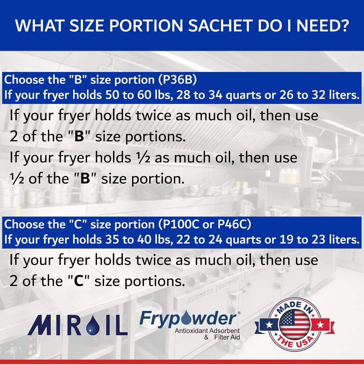 MirOil P36B Fry Powder Oil Stabilizer and Filter Aid, Deep Fryer Cooking Oil Saver Helps Save Grease & Remove Carbon Deposits, 72 x Size B Portion Pack(240ML Each) Fry Powder, Food Center Cooks Hotter