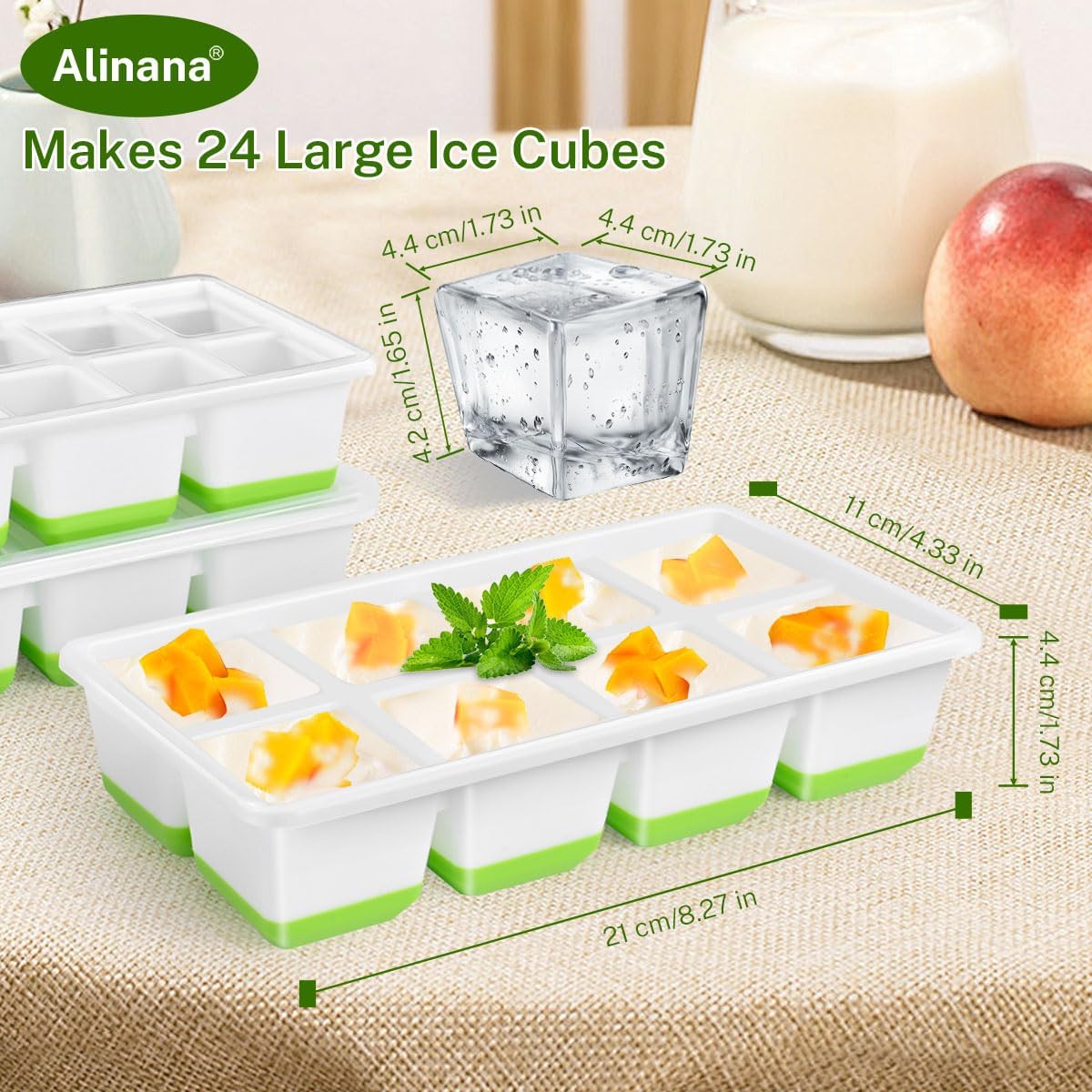 Ice Cube Tray with Lid, Alinana 3-Pack Upgraded Large Silicone Ice Cube Tray with BPA-Free Removable Lids, Easy Release Ice Mold for Cocktails, Whiskey, Juice (Green)