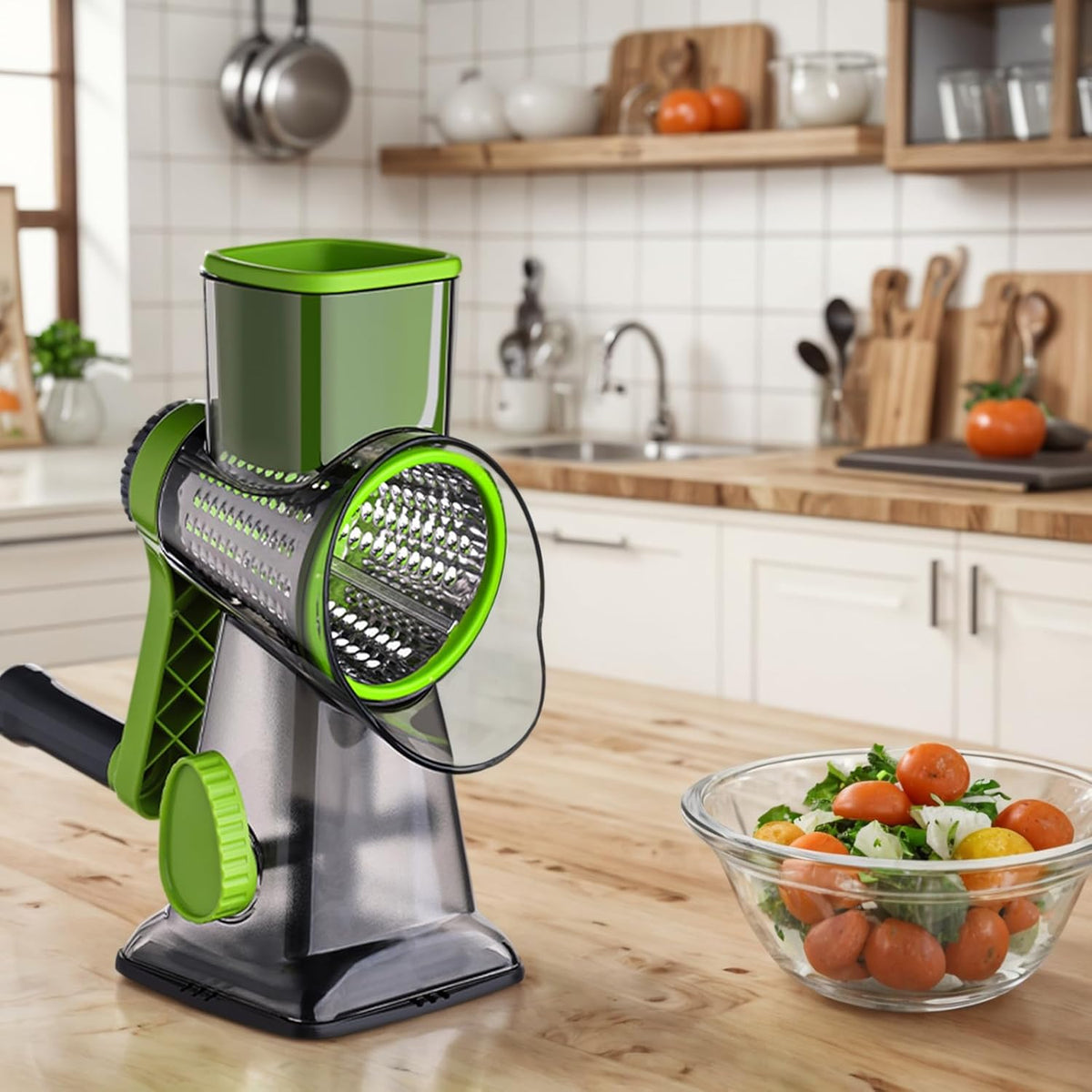 HANSGO Rotary Cheese Grater, Cheese Shredder, Labor-Saving Handle, Strong Suction Base, 3 Changeable Blades for Harder Cheeses, Vegetable, Nuts, Chocolate, Fruits, Safe & Easy to Clean