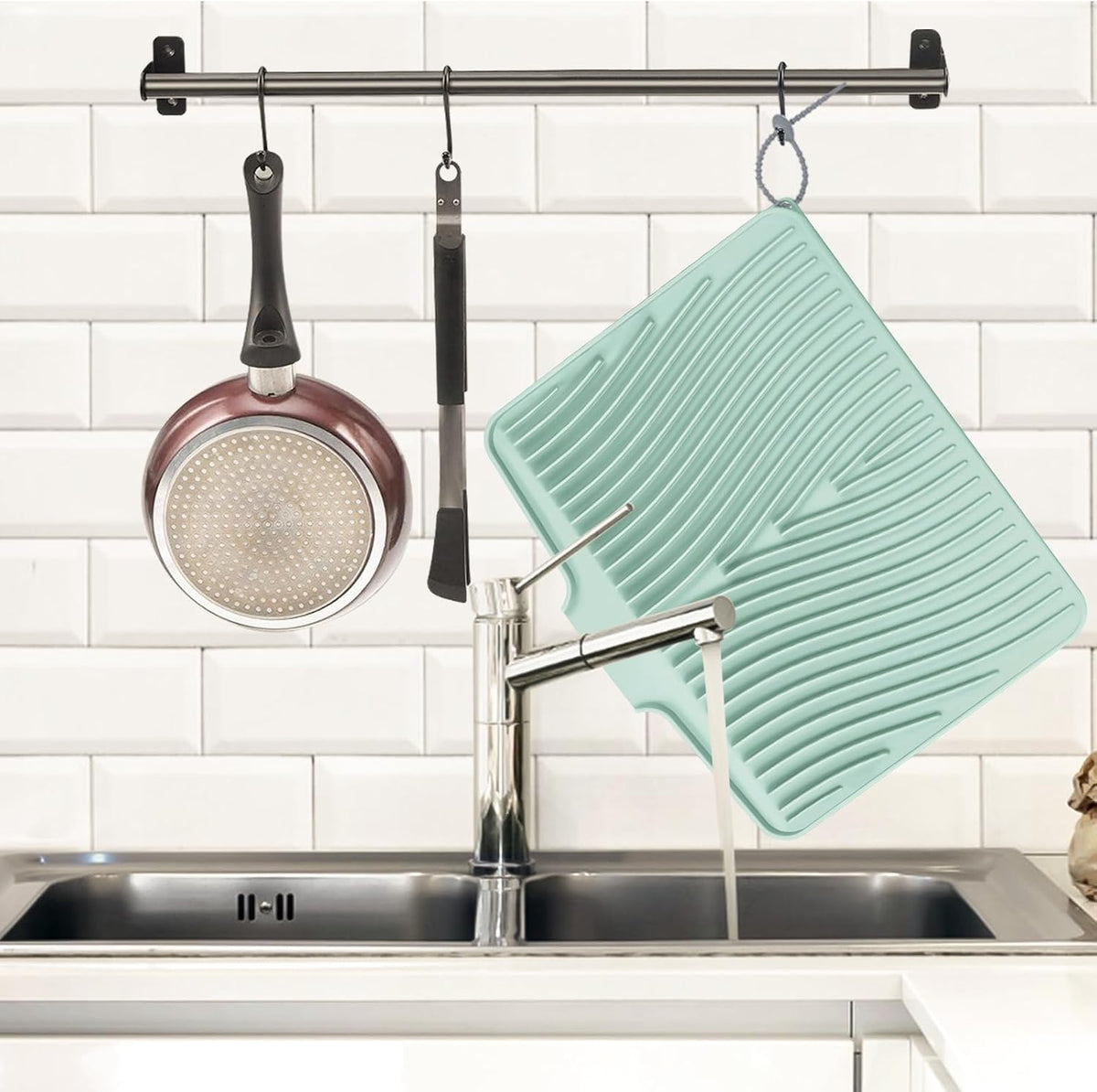 Silicone Dish Drying Mat, Stone Drying Mat for Kitchen Counter with Built-In Drain, Non-Slip Drain Pad with Built-in Drain, Heat Resistant Stone Drying Mat, 1Pcs 19.7" x 17", Mint