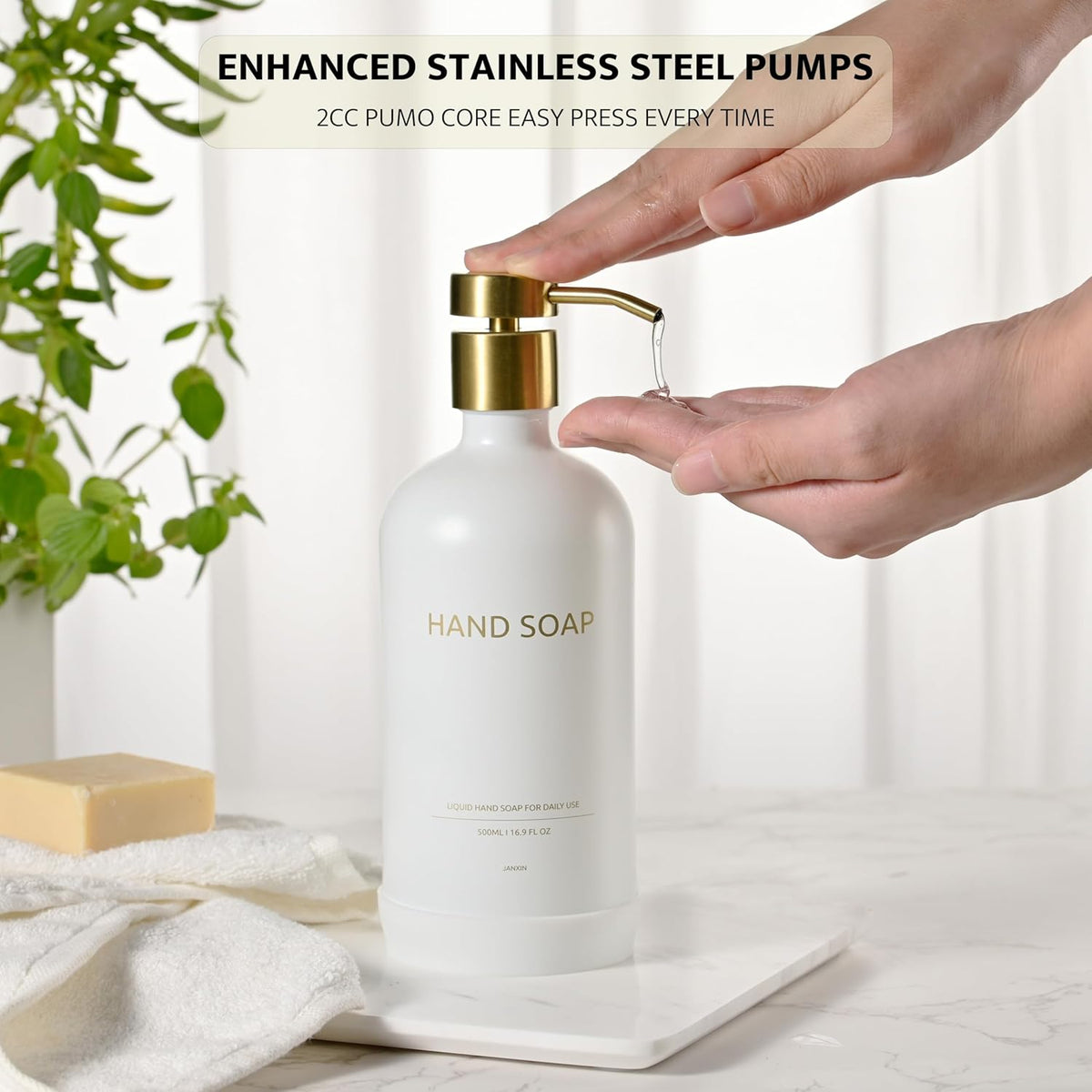 Glass Kitchen Soap Dispenser Set with Ceramic Tray,16.9 floz Hand and Dish Soap Dispenser for Kitchen and Bathroom Decor (White + Gold(Lotion))