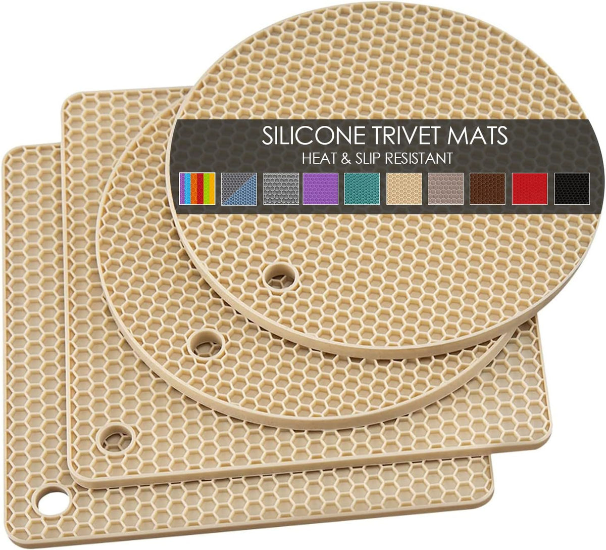 4 Pack Silicone Trivets for Hot Pots and Pans, Pot Holders Hot Pads, Non-Slip & Heat Resistant Silicone Mats for Kitchen Counter, Soft Durable Drying Mat, Jar Opener and Coasters (Beige)