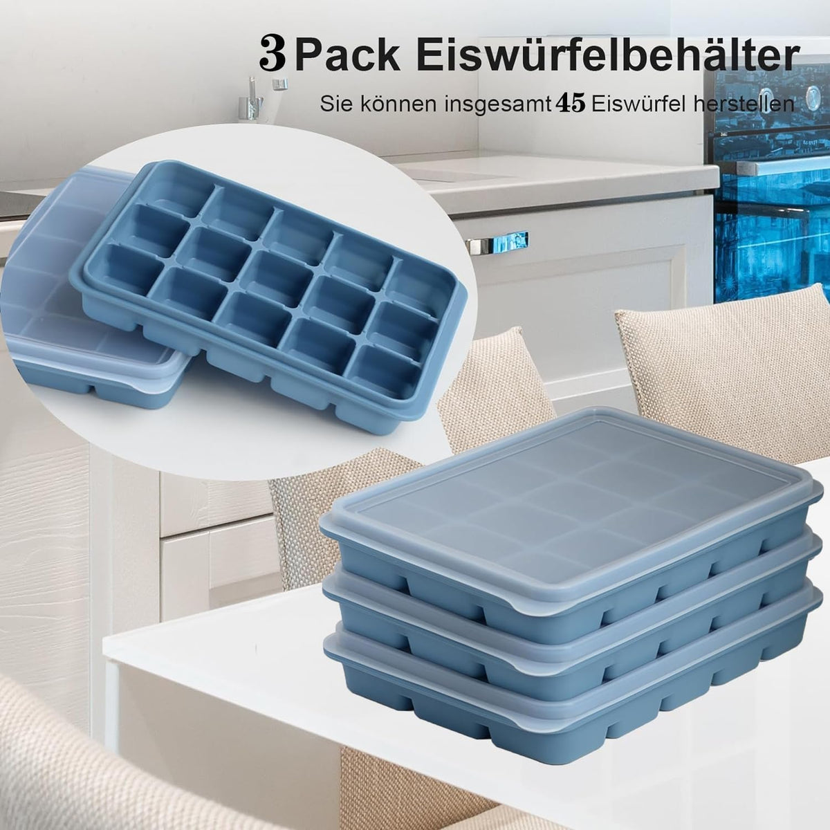 Ice Cube Trays Set of 3, Easy Release 15 Flexible Silicone Ice Cube Molds with Removable Lid Reusable Freezer Ice Trays Stackable for Whiskey, Blue*3