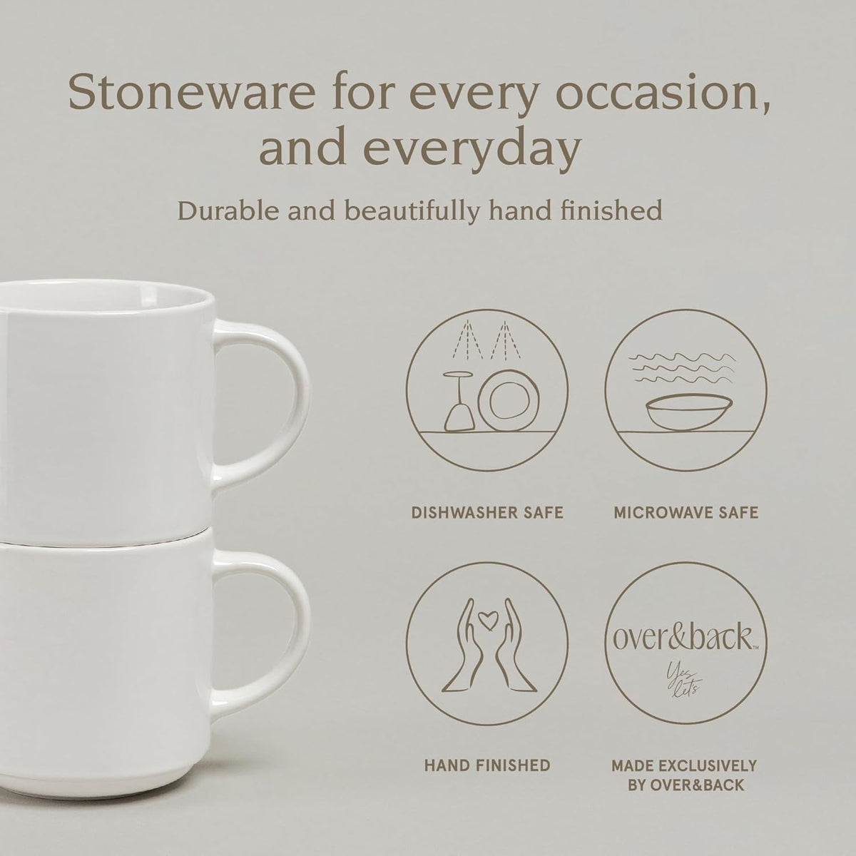 over&back Stackable Stoneware Coffee Mugs - 4-Piece Mug Set - Enjoy the Perfect Cup of Coffee, Tea, Latte, and More - Glossy White - 14oz