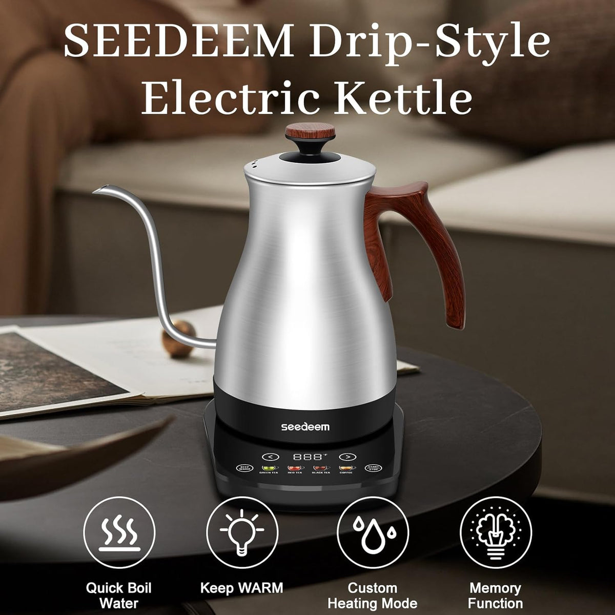 SEEDEEM Gooseneck Electric Kettle Full Touch Screen 1200W Electric Tea & Coffee Kettle with Four Heating Modes Rapid Heating,±1℉ Temperature Control，Keep Warm Mode,1L Electric kettle