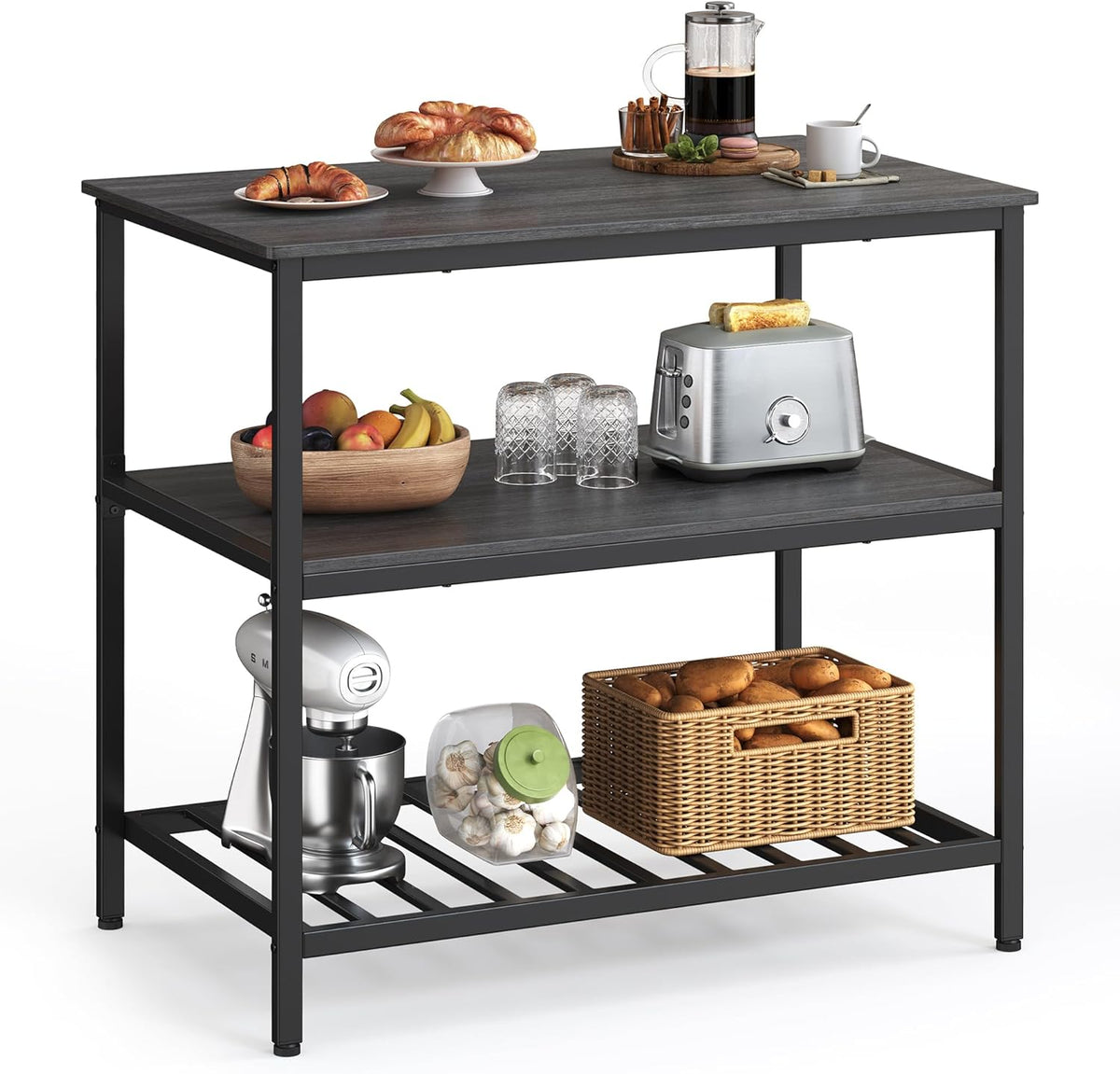VASAGLE Kitchen Island with 3 Shelves, 39.4 Inches Width Kitchen Shelf with Large Worktop, Stable Steel Structure, Industrial, Easy to Assemble, Ebonised Oak and Black UKKI005B42