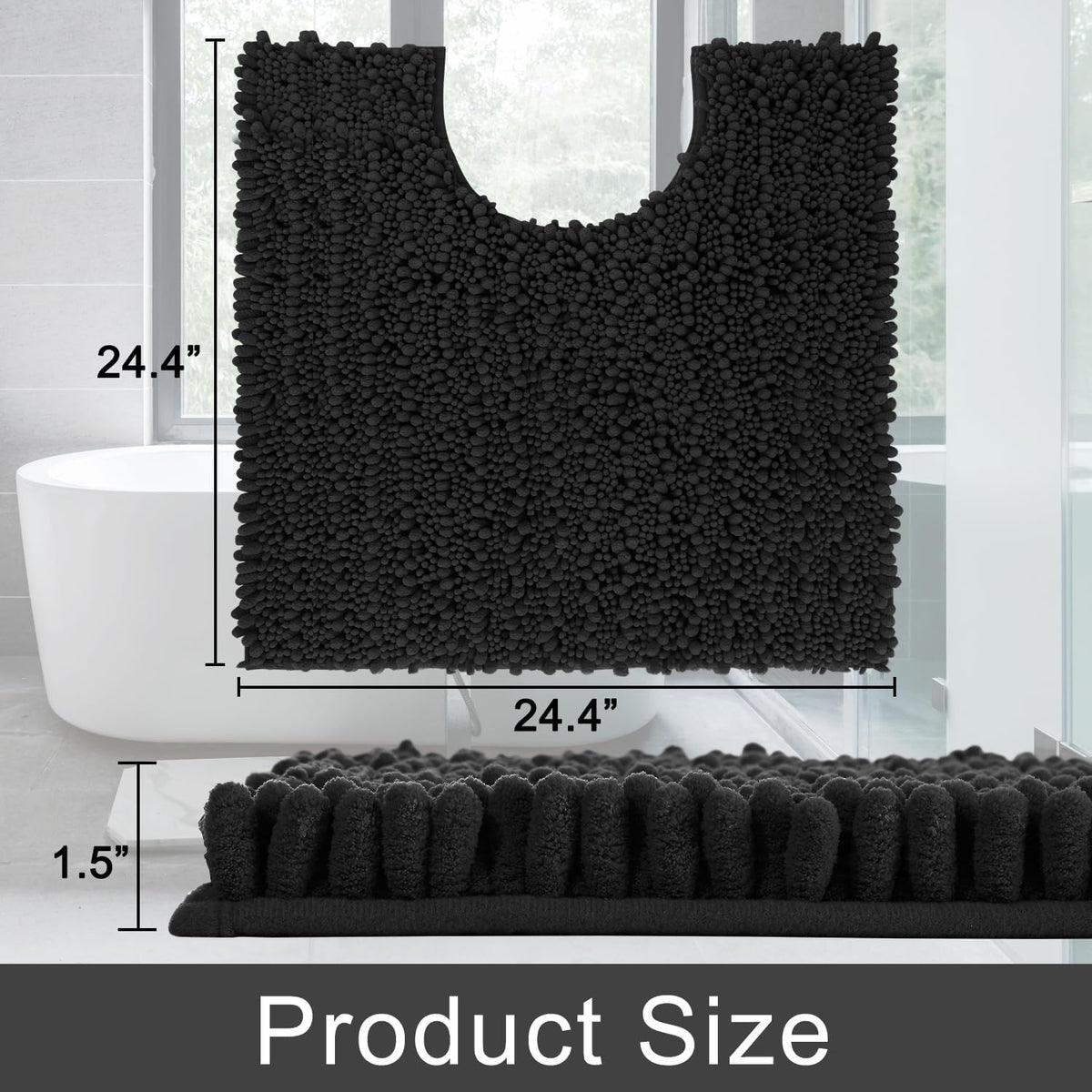 Yimobra Toilet Rug U Shaped Washable 24x20 Inch - Ultra Soft Absorbent Chenille Bath Rugs for Toilet, Quick Dry & Machine Washable, Non Slip Contour Bathroom Mat, Black