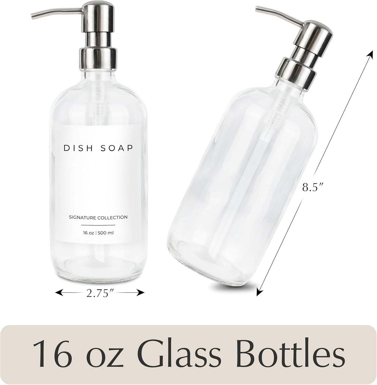 Emerson Essentials Glass Soap Bottle Dispensers, 2 Pack, Stainless-Steel Pumps Rust-Free, Hand Set for Bathroom Kitchen Sink, Liquid Lotion Shampoo Jars with 4 Waterproof Labels, 16 Oz Chrome