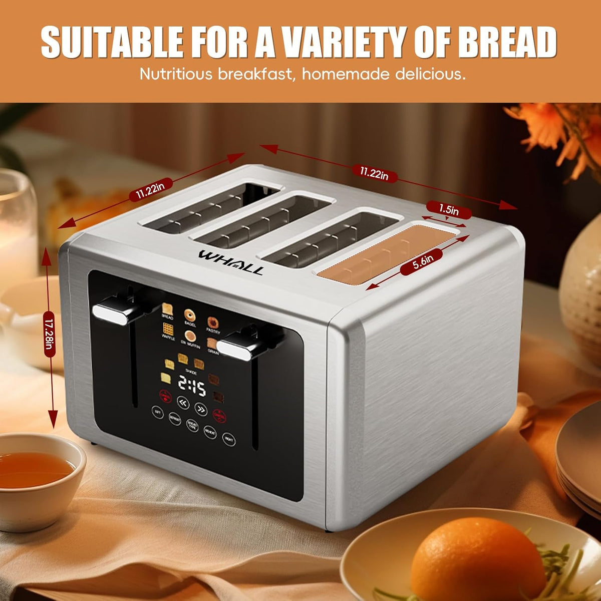 whall 4 Slice Touch Screen Toaster, Stainless Steel Toasters Digital Timer, Dual Control Panel Toasters，6 Shade Settings＆6 Bread Types, Smart Wide Slots, Bagel, Cancel, Defrost,Flat lever Stainless