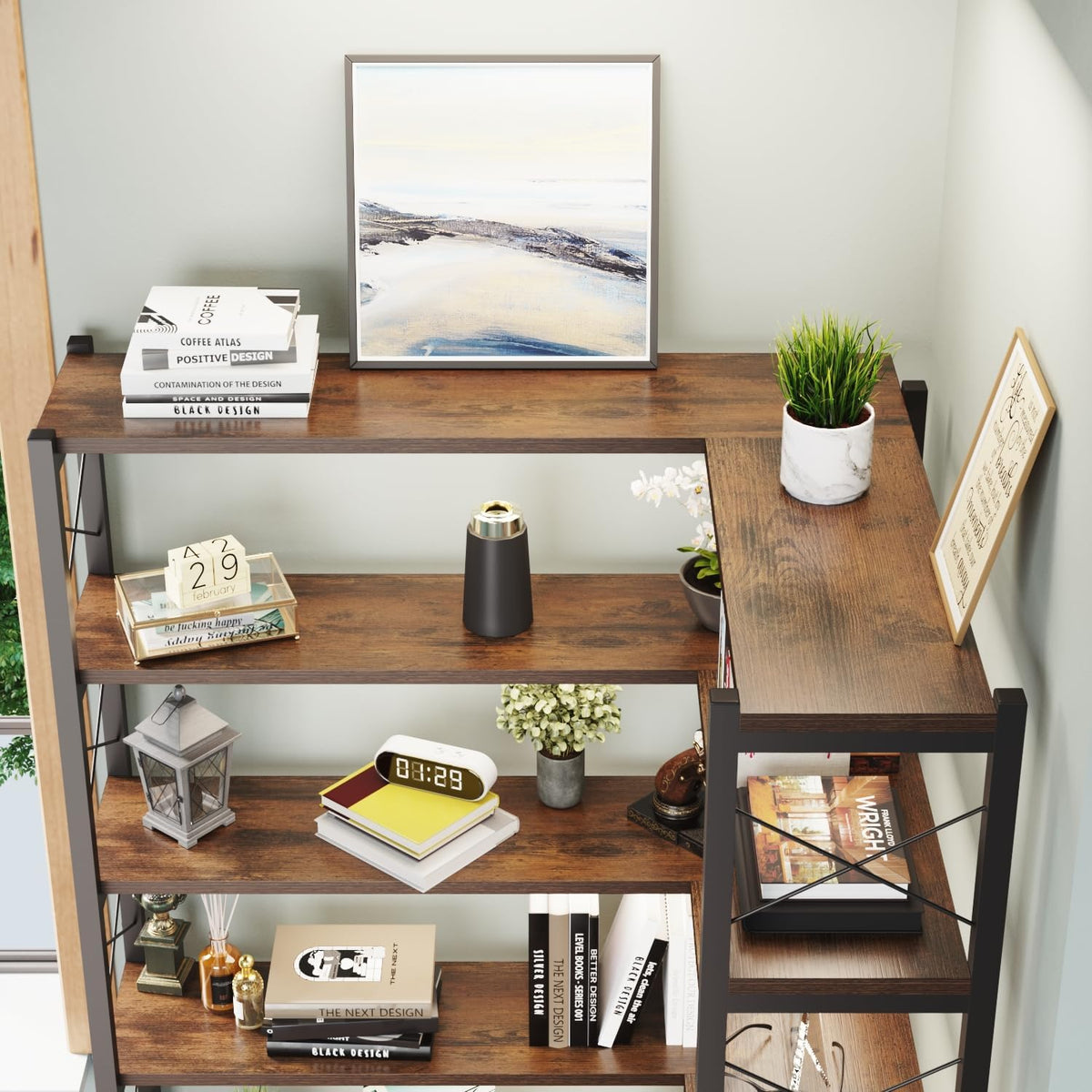 5-Shelf Corner Bookshelf, Vintage Industrial L-Shaped Bookshelf Etagere Bookcase, Large Book Shelf with Metal Frame Open Storage Corner Cabinet (Retro Brown-5 Shelf)