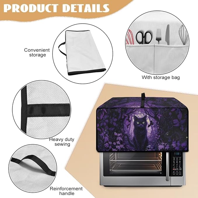 Countertop Convection Oven Cover Decorative and Protective Air Fryer Toaster Oven Dust Cover for Home Kitchen Indoor Decor, L, Black Cat Skull Bat Violet Forest Halloween