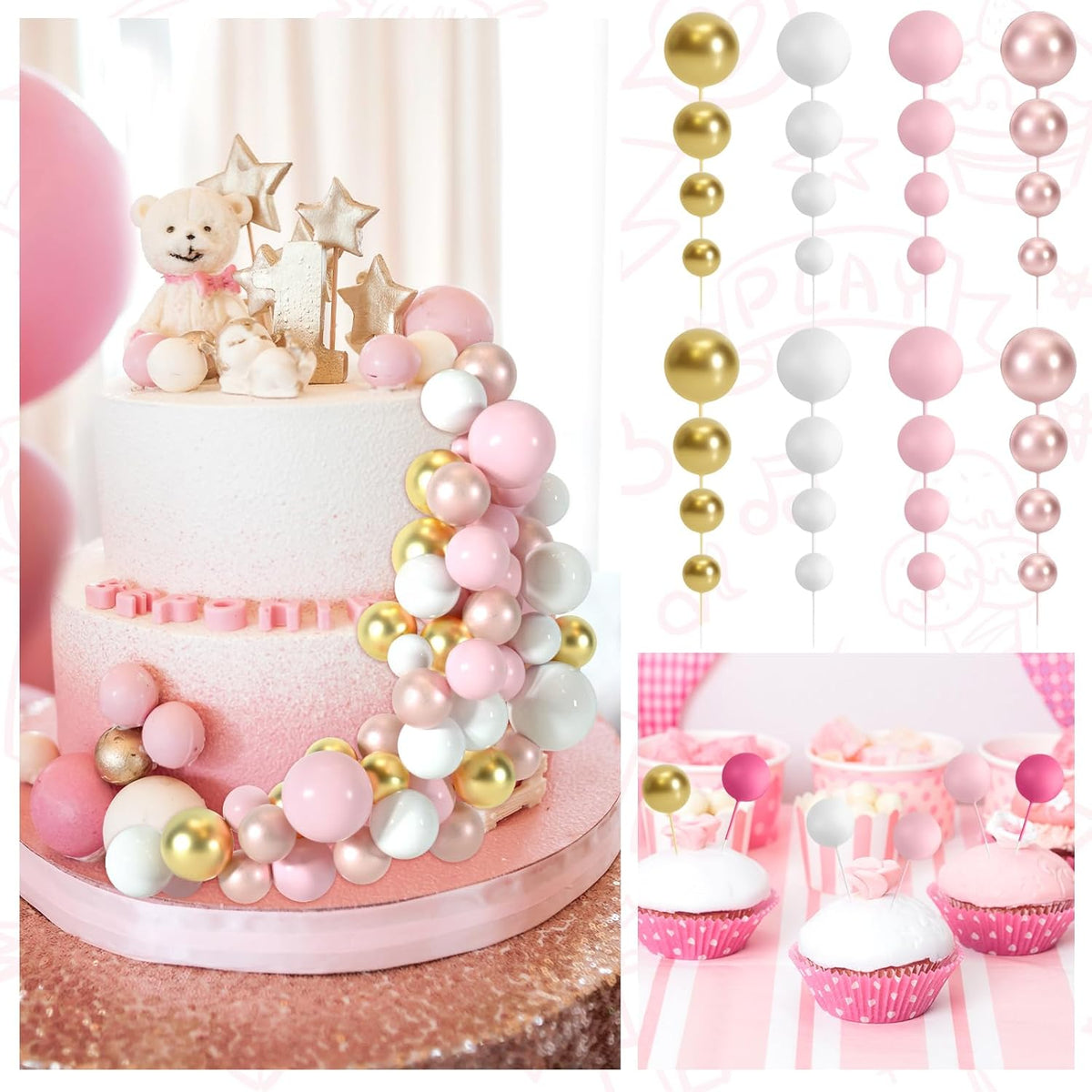 48 Pcs Cake Topper Decorations - Balloon Cupcake Toppers, Foam Balls for Birthday Party Wedding Cake Decorating (Rose Gold, Pink, White, Gold)