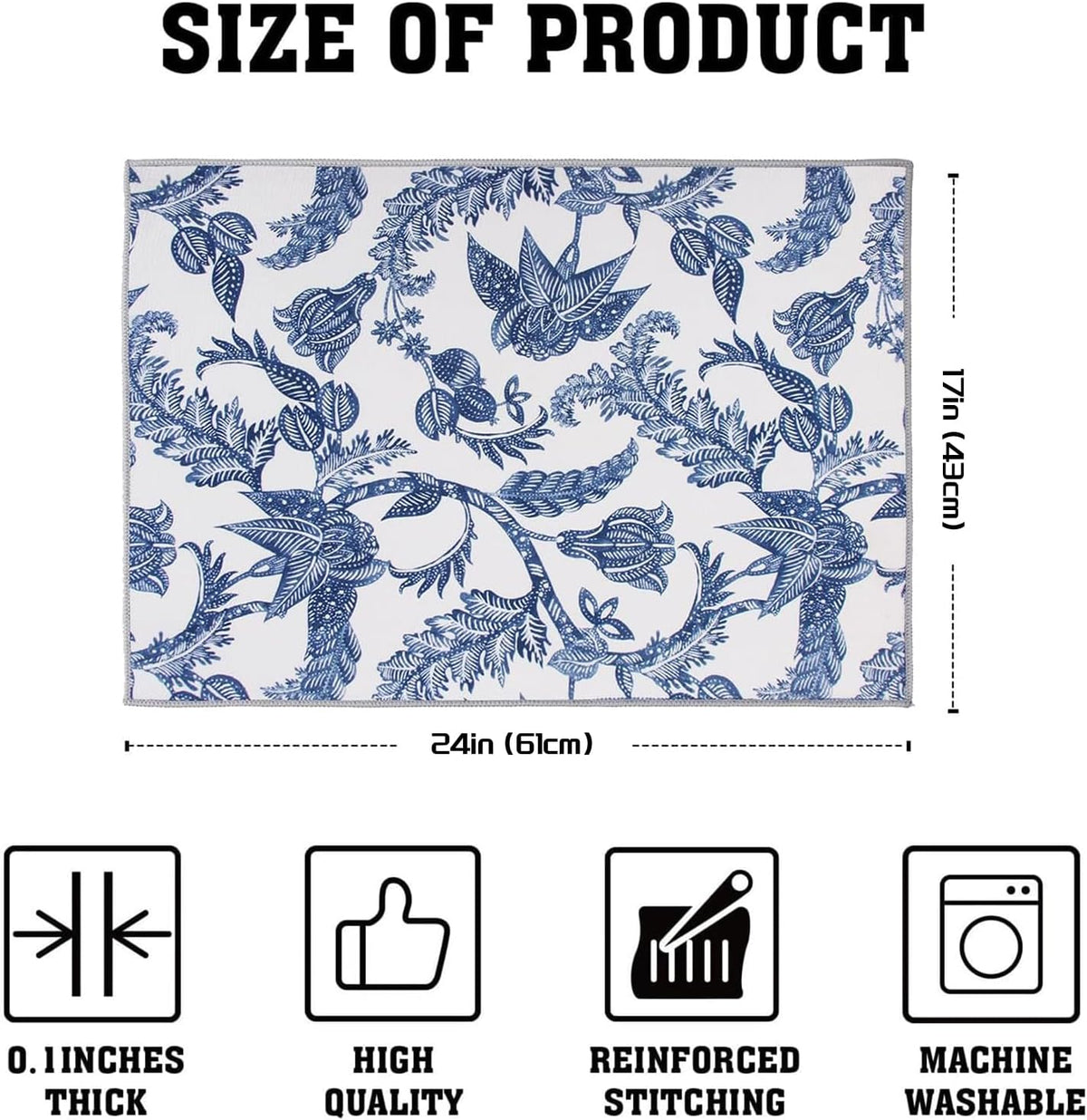 2 Pack XXL 17" x 24" Blue and White Porcelain Dish Drying Mat - Dish Drying Mats for Kitchen Counter, Super Absorbent, Anti-Slip, Fast Drying, Kitchen Must-Have